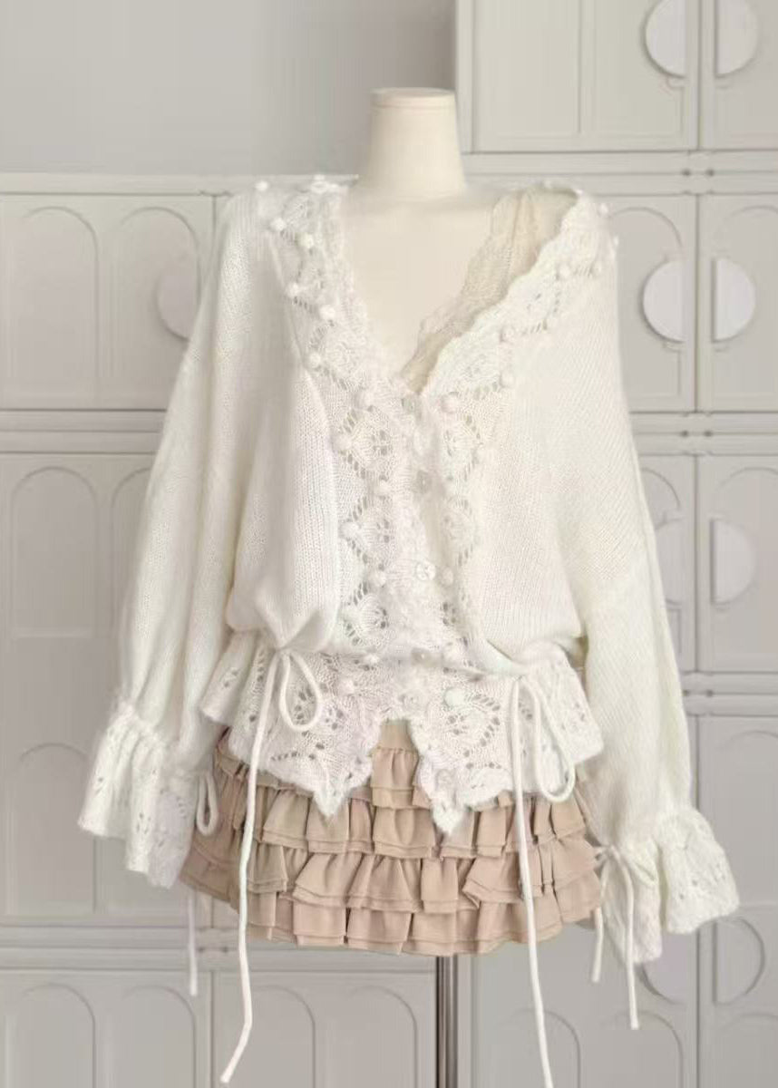 French Beige V Neck Hollow Out Knit Sweater Winter