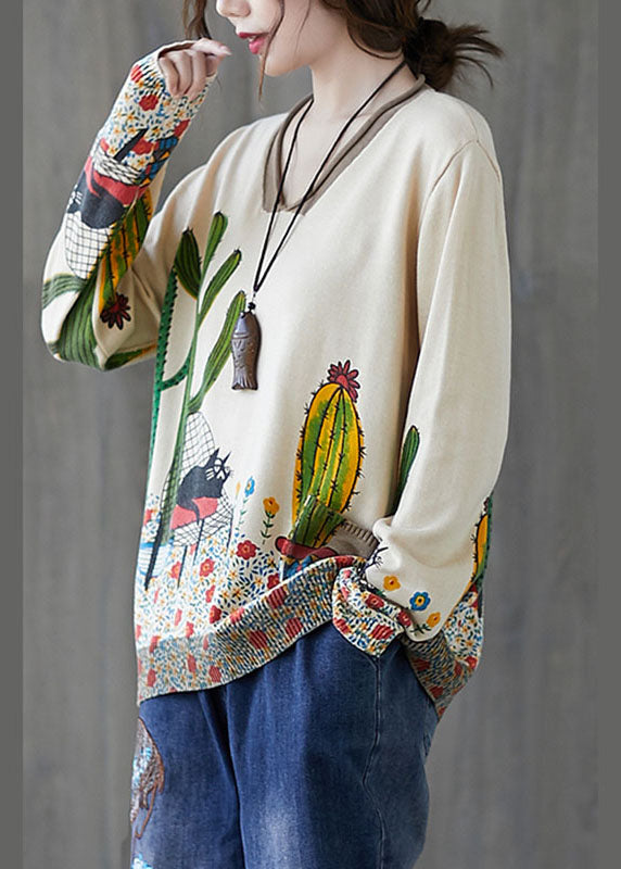 Französischer beigefarbener V-Ausschnitt-Pullover mit lockerem Print für den Herbst