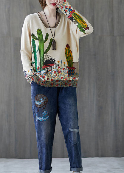 Französischer beigefarbener V-Ausschnitt-Pullover mit lockerem Print für den Herbst