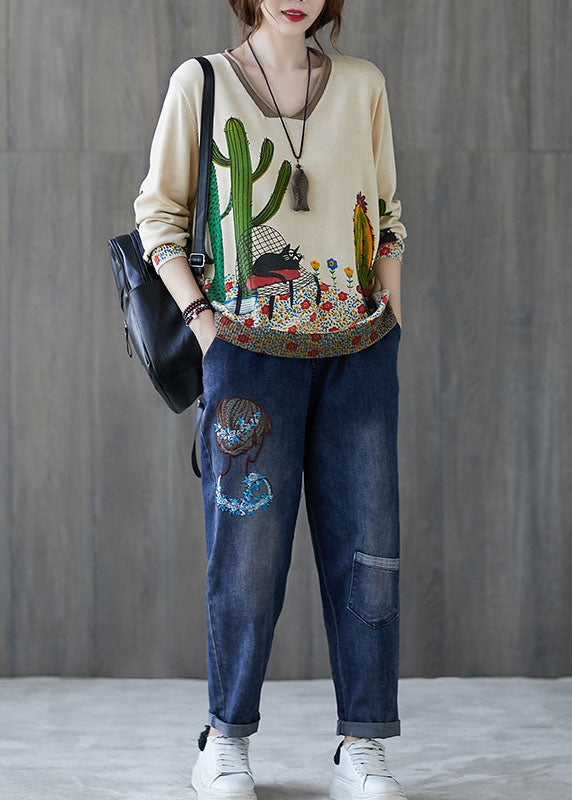 Französischer beigefarbener V-Ausschnitt-Pullover mit lockerem Print für den Herbst