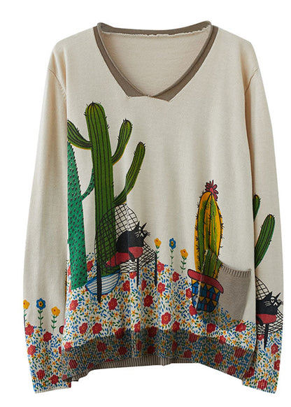 Französischer beigefarbener V-Ausschnitt-Pullover mit lockerem Print für den Herbst