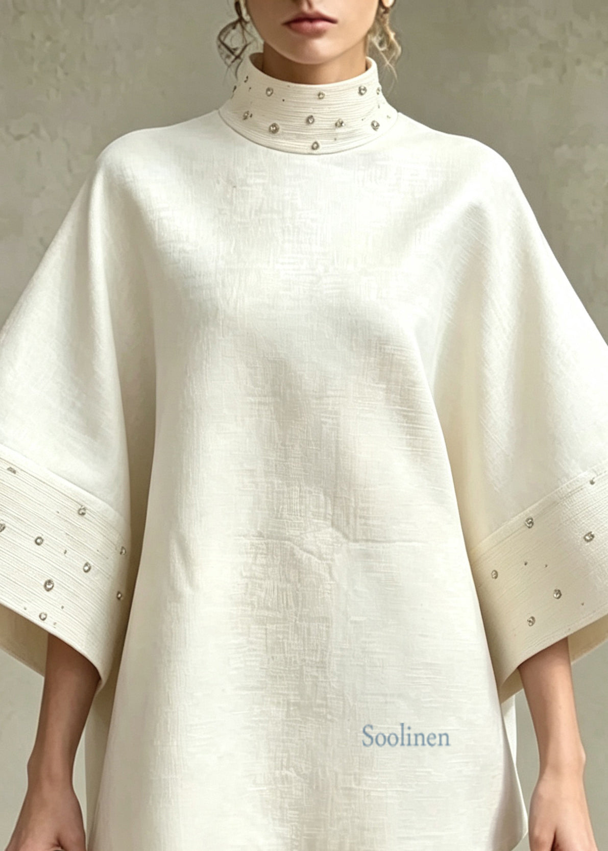 French Beige White Stand Collar Nail Bead Top And Shorts Two Pieces Set Flare Sleeve