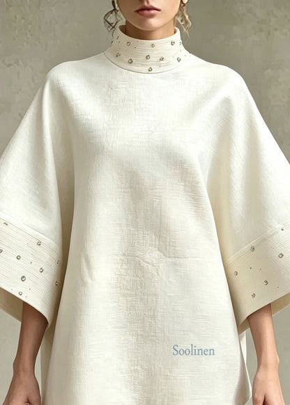 French Beige White Stand Collar Nail Bead Top And Shorts Two Pieces Set Flare Sleeve