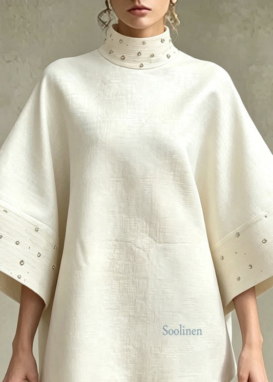 French Beige White Stand Collar Nail Bead Top And Shorts Two Pieces Set Flare Sleeve