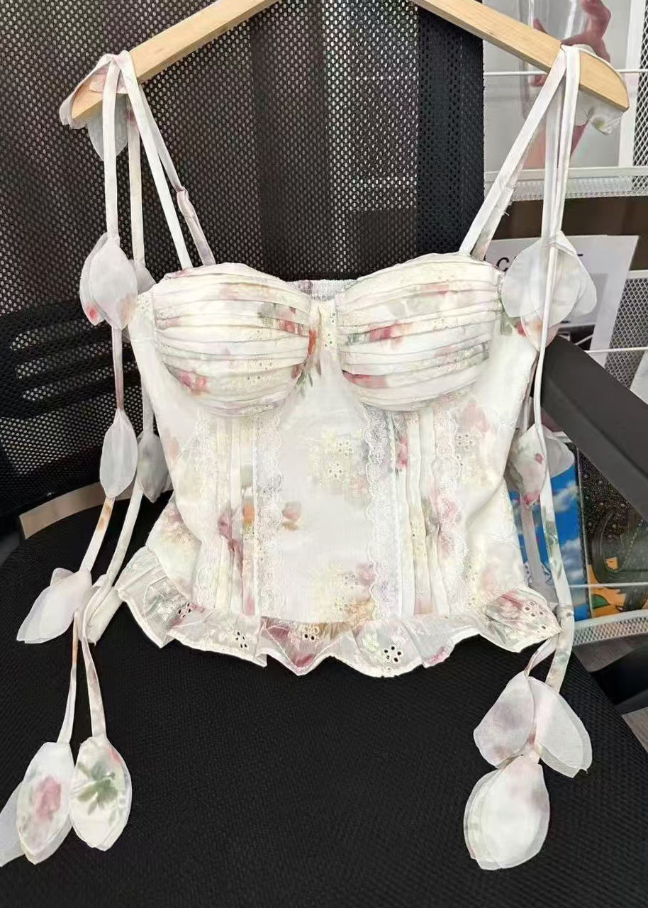 French Beige Wrinkled Floral Print Chiffon Spaghetti Strap Top Summer