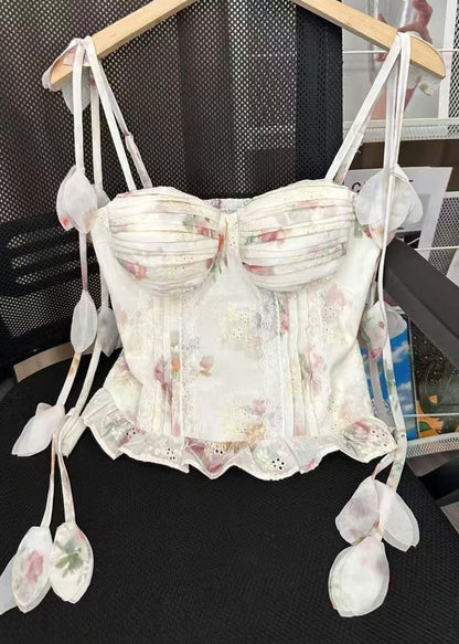 French Beige Wrinkled Floral Print Chiffon Spaghetti Strap Top Summer