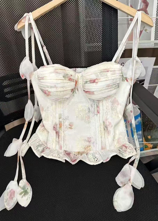 French Beige Wrinkled Floral Print Chiffon Spaghetti Strap Top Summer