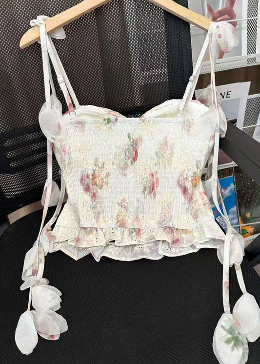 French Beige Wrinkled Floral Print Chiffon Spaghetti Strap Top Summer