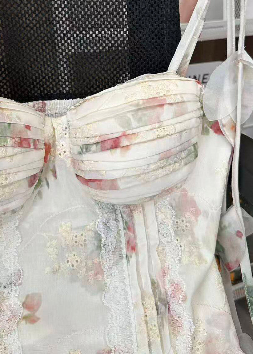 French Beige Wrinkled Floral Print Chiffon Spaghetti Strap Top Summer