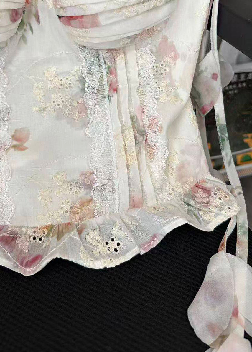 French Beige Wrinkled Floral Print Chiffon Spaghetti Strap Top Summer