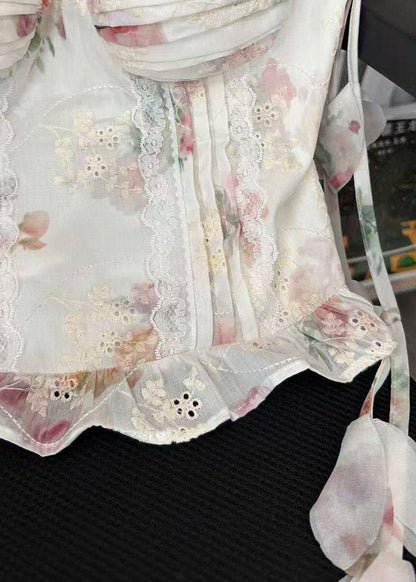 French Beige Wrinkled Floral Print Chiffon Spaghetti Strap Top Summer