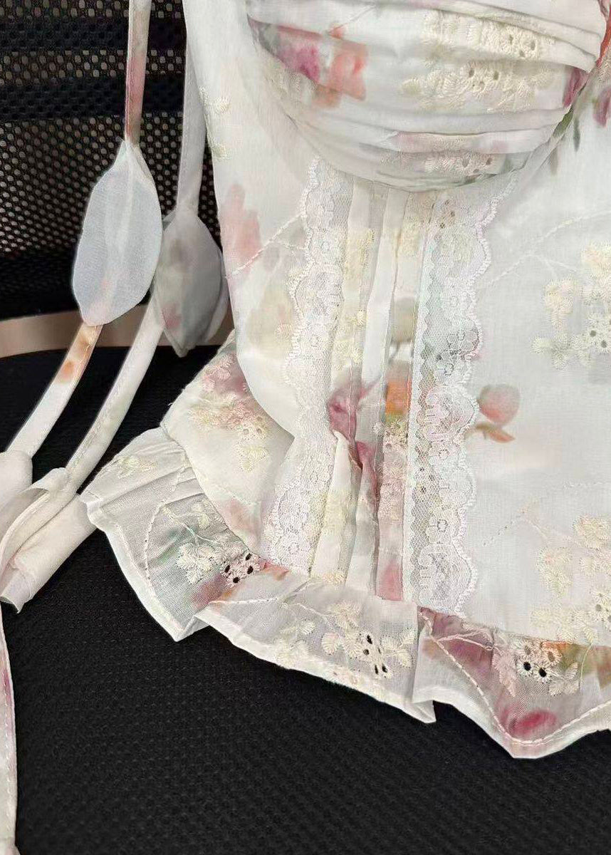 French Beige Wrinkled Floral Print Chiffon Spaghetti Strap Top Summer