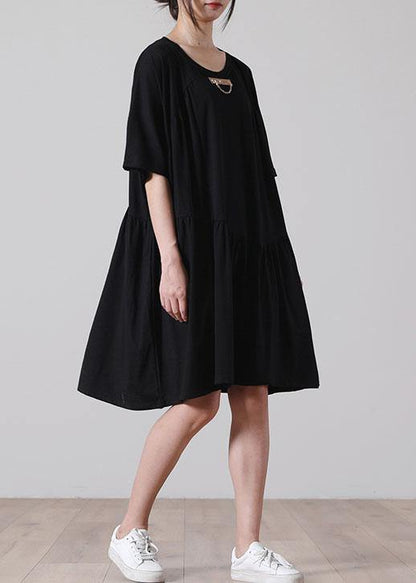 French Black Asymmetrical Cotton Dress Summer Dresses - SooLinen