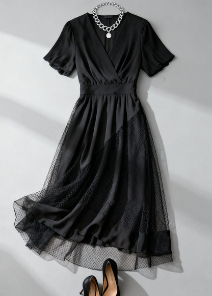 French Black Asymmetrical Design Hollow Out Tulle Patchwork Long Dress Summer