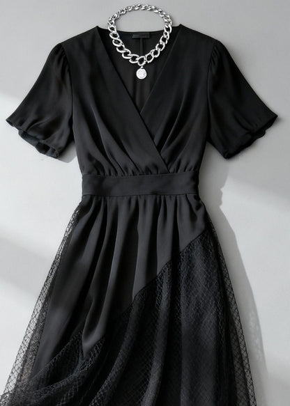 French Black Asymmetrical Design Hollow Out Tulle Patchwork Long Dress Summer