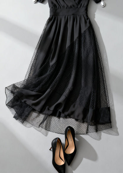 French Black Asymmetrical Design Hollow Out Tulle Patchwork Long Dress Summer