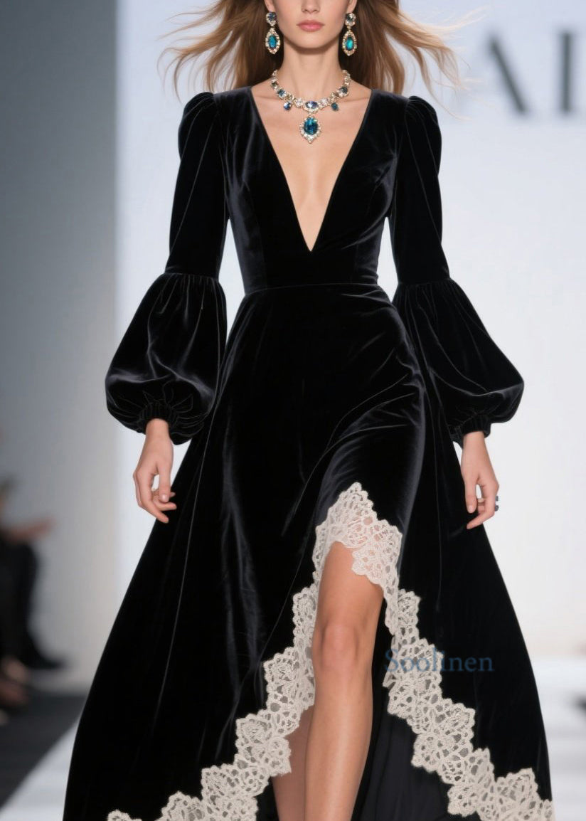 Vestidos de terciopelo con patchwork de encaje asimétrico negro francés para primavera