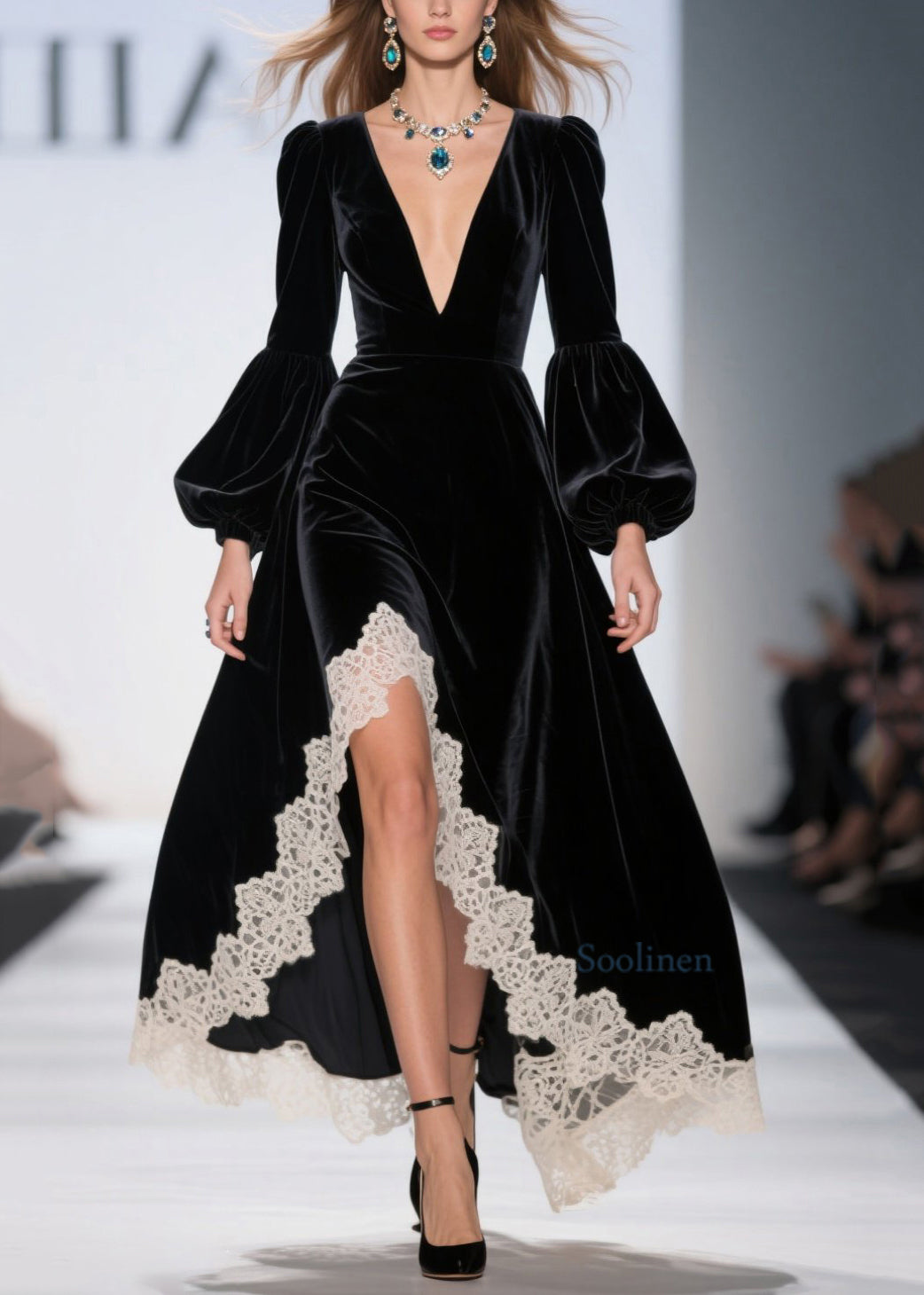 Vestidos de terciopelo con patchwork de encaje asimétrico negro francés para primavera