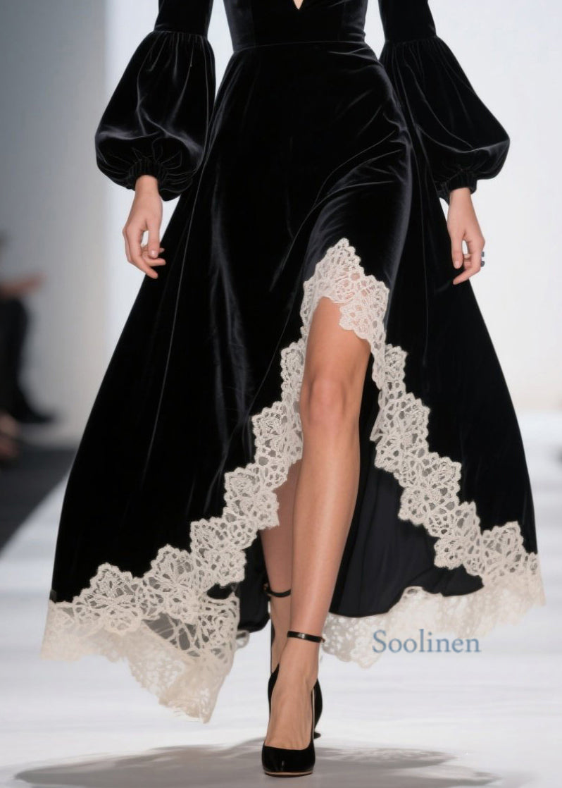 Vestidos de terciopelo con patchwork de encaje asimétrico negro francés para primavera