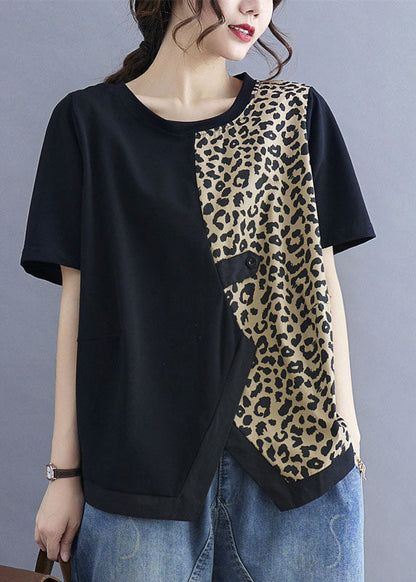 French Black Asymmetrical Leopard Patchwork Shirt Tops Short Sleeve