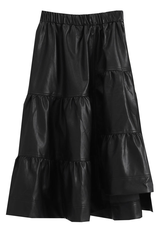 Französischer schwarzer asymmetrischer Patchwork-Kunstlederrock Winter