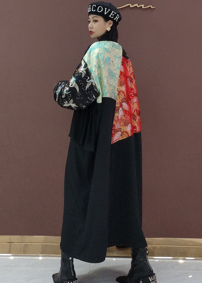 Französisch Schwarz Asymmetrische Print shirts Lange Kleid Frühling