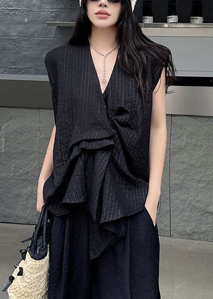 French Black Asymmetrical Striped Cotton Tanks Sleeveless