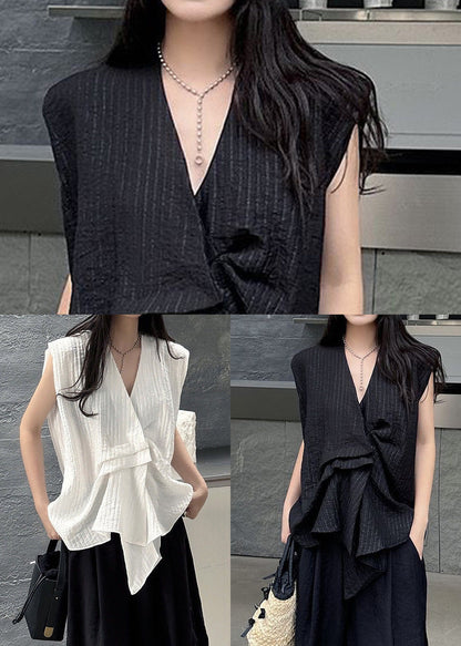 French Black Asymmetrical Striped Cotton Tanks Sleeveless