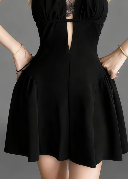 French Black Backless Halter Cotton Mini Dress Summer