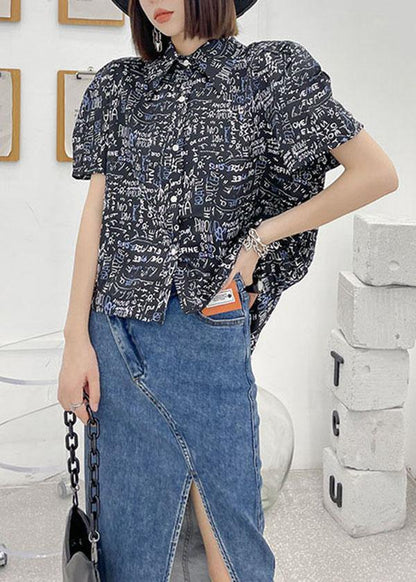 French Black Backless Summer Graphic Short Sleeve Tops - SooLinen