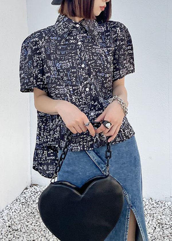 French Black Backless Summer Graphic Short Sleeve Tops - SooLinen