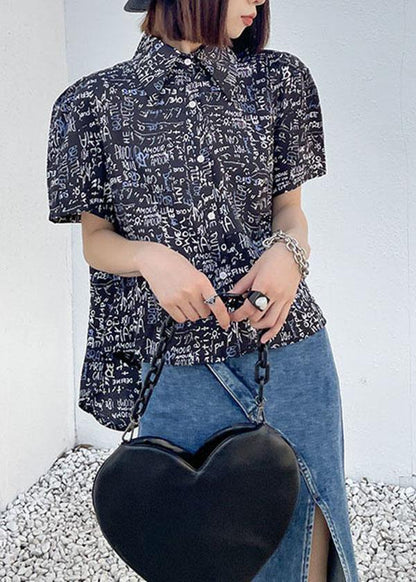 French Black Backless Summer Graphic Short Sleeve Tops - SooLinen