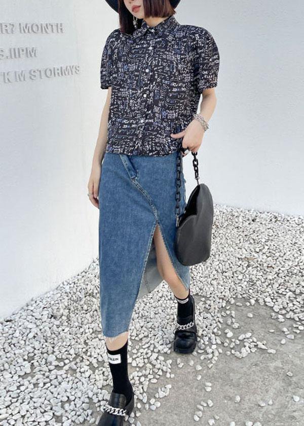 French Black Backless Summer Graphic Short Sleeve Tops - SooLinen