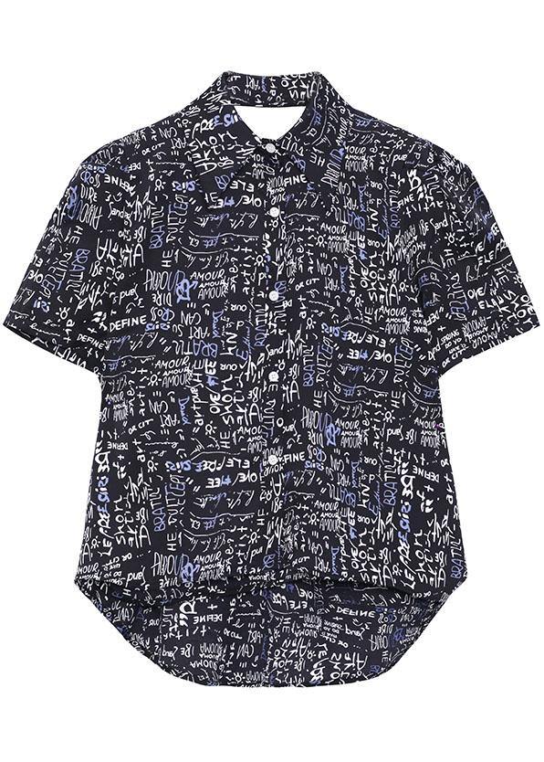 French Black Backless Summer Graphic Short Sleeve Tops - SooLinen