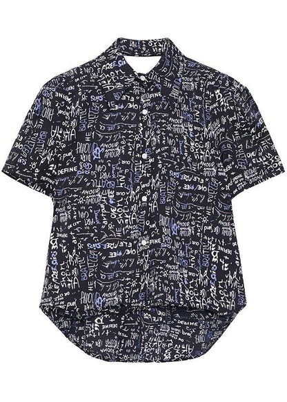 French Black Backless Summer Graphic Short Sleeve Tops - SooLinen