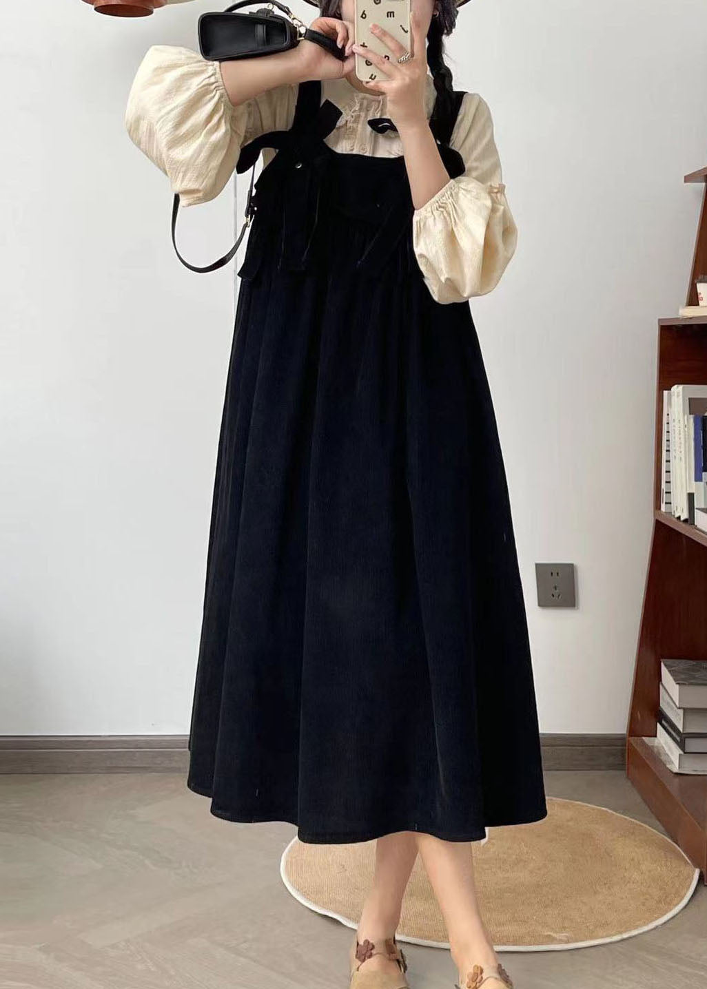 Französische schwarze Schleife Cord Schultergurt Kleider Sommer
