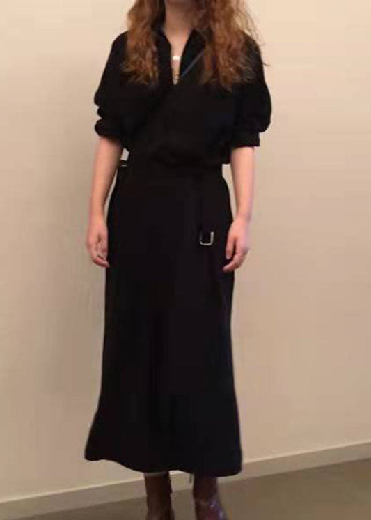 Französisch Schwarz Cinched seite offene Baumwolle Kleider Halbe Ärmel