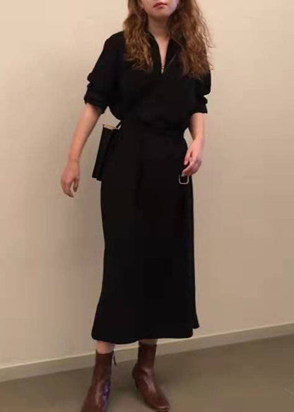 Französisch Schwarz Cinched seite offene Baumwolle Kleider Halbe Ärmel