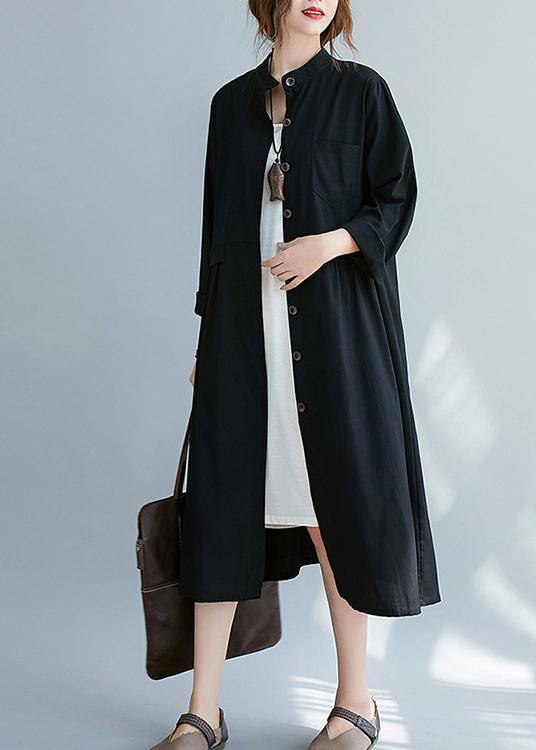 French Black Clothes Stand Collar Button Down A Line Spring Dress - SooLinen