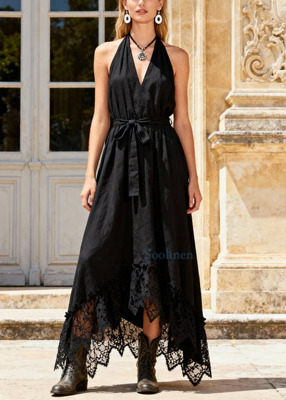 French Black Cold Shoulder Tie Waist Maxi Dress Sleeveless