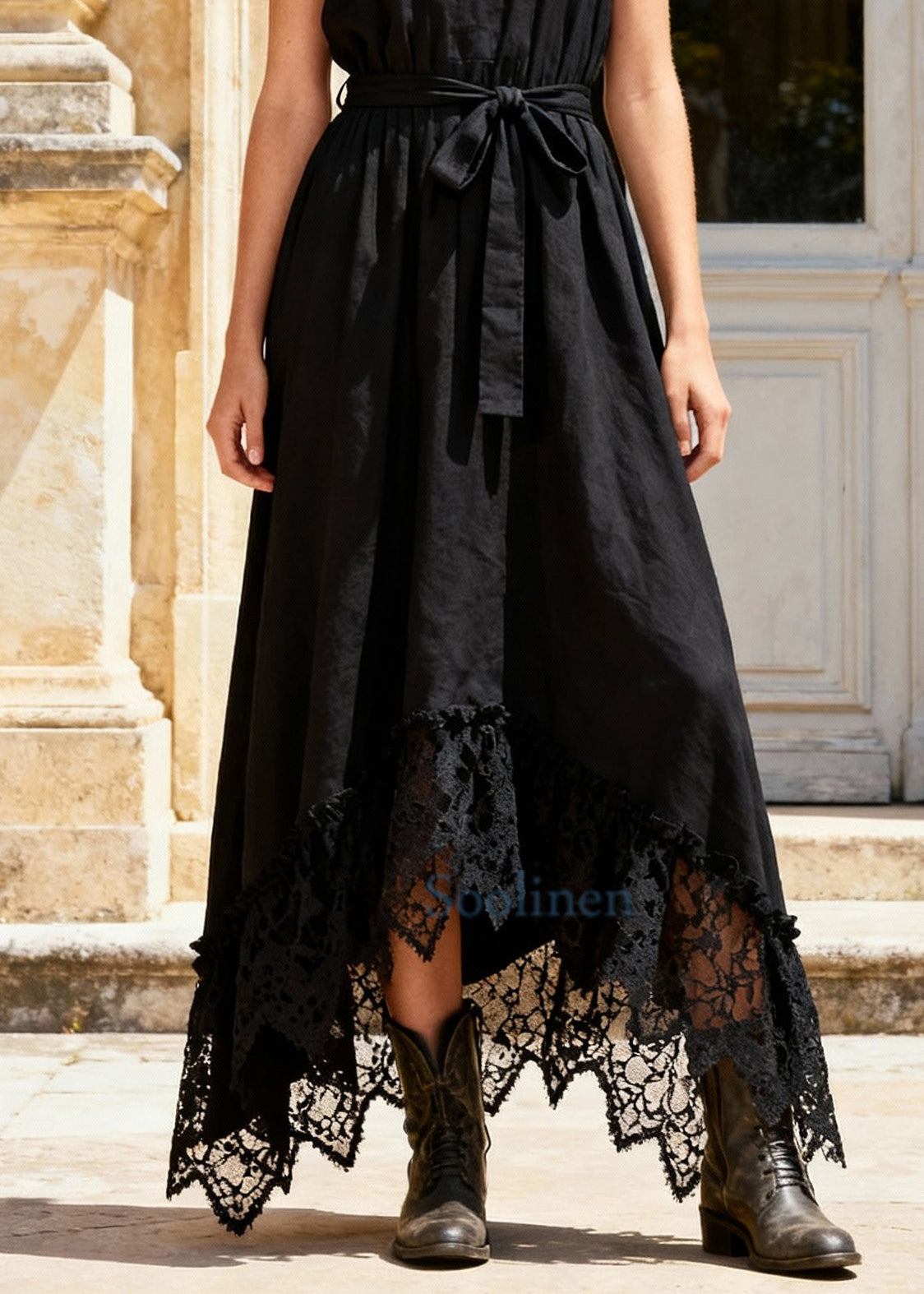 French Black Cold Shoulder Tie Waist Maxi Dress Sleeveless