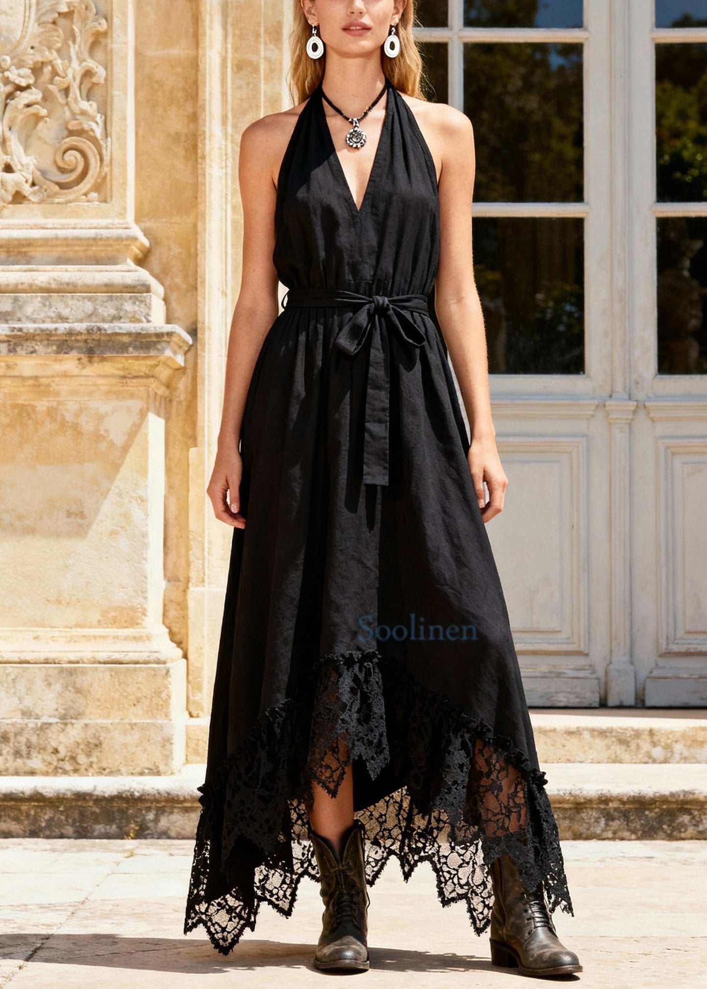 French Black Cold Shoulder Tie Waist Maxi Dress Sleeveless