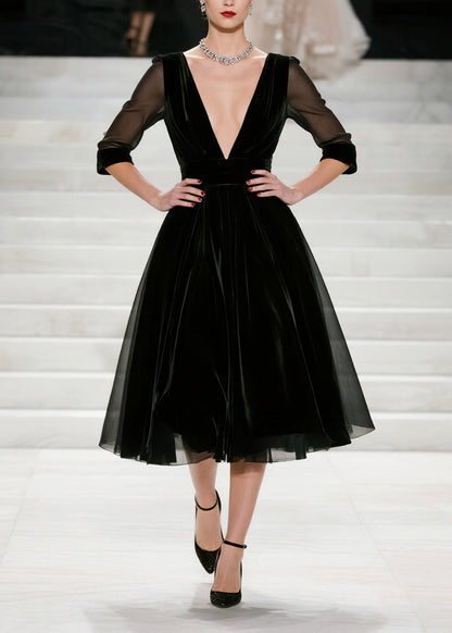 French Black Deep-V Neck Patchwork Silk Velvet Vacation Dresses Summer