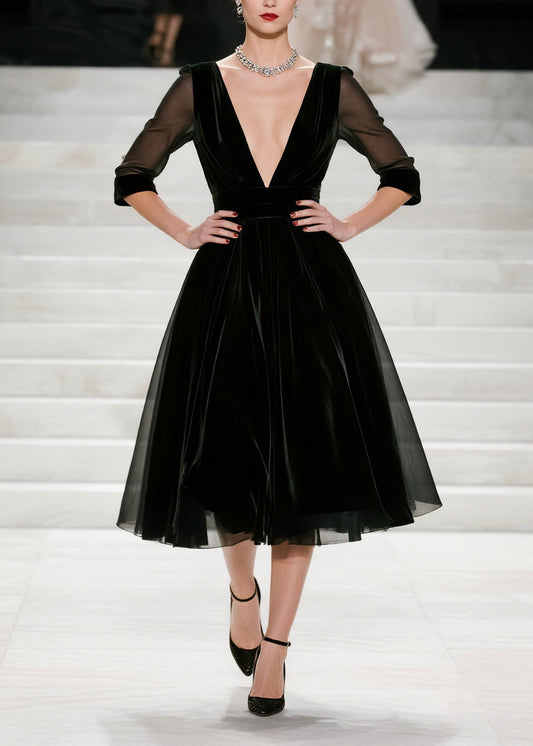 French Black Deep-V Neck Patchwork Silk Velvet Vacation Dresses Summer