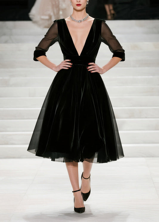 French Black Deep-V Neck Patchwork Silk Velvet Vacation Dresses Summer