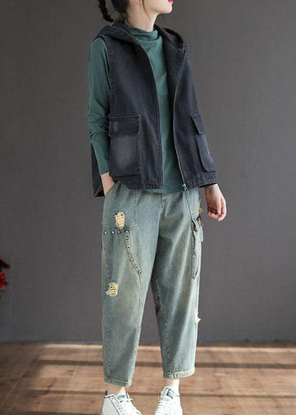 French Black Denim hooded Patchwork Fall Waistcoat Sleeveless - SooLinen
