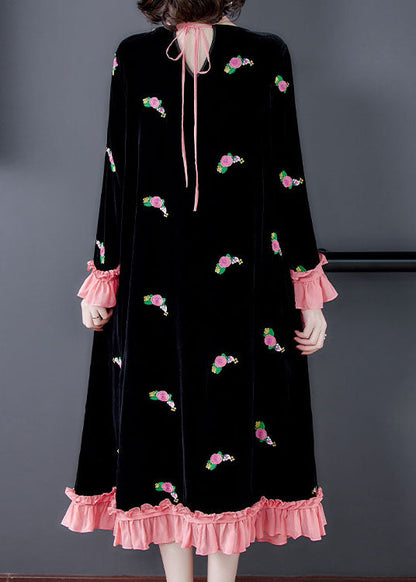Französisches schwarzes besticktes Blumenvelourskleid Frühling