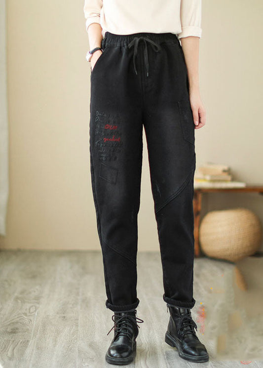 Französische schwarze bestickte Patchwork-Jeanshose für den Winter