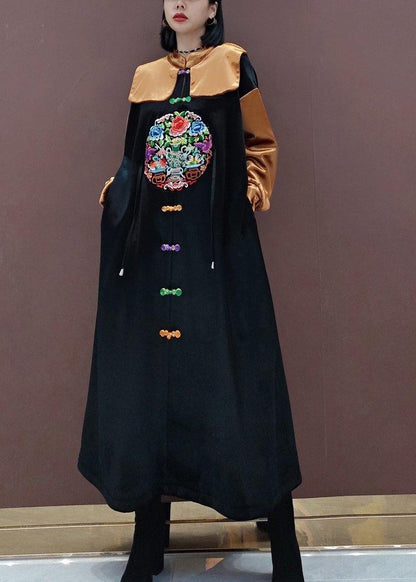 French Black Embroidery Tunic Stand Collar Patchwork Plus Size Spring Dresses - SooLinen