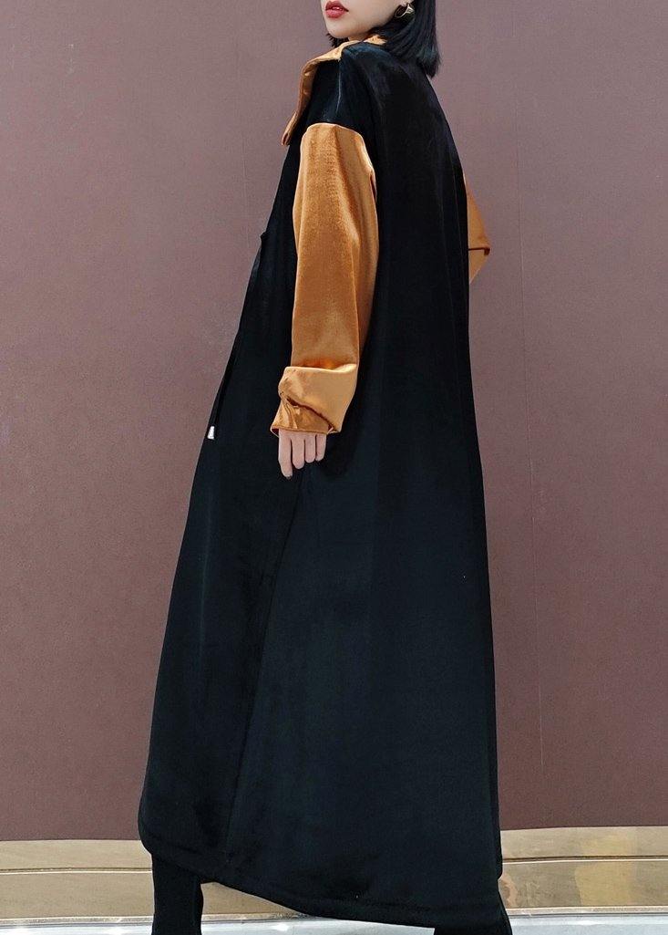 French Black Embroidery Tunic Stand Collar Patchwork Plus Size Spring Dresses - SooLinen